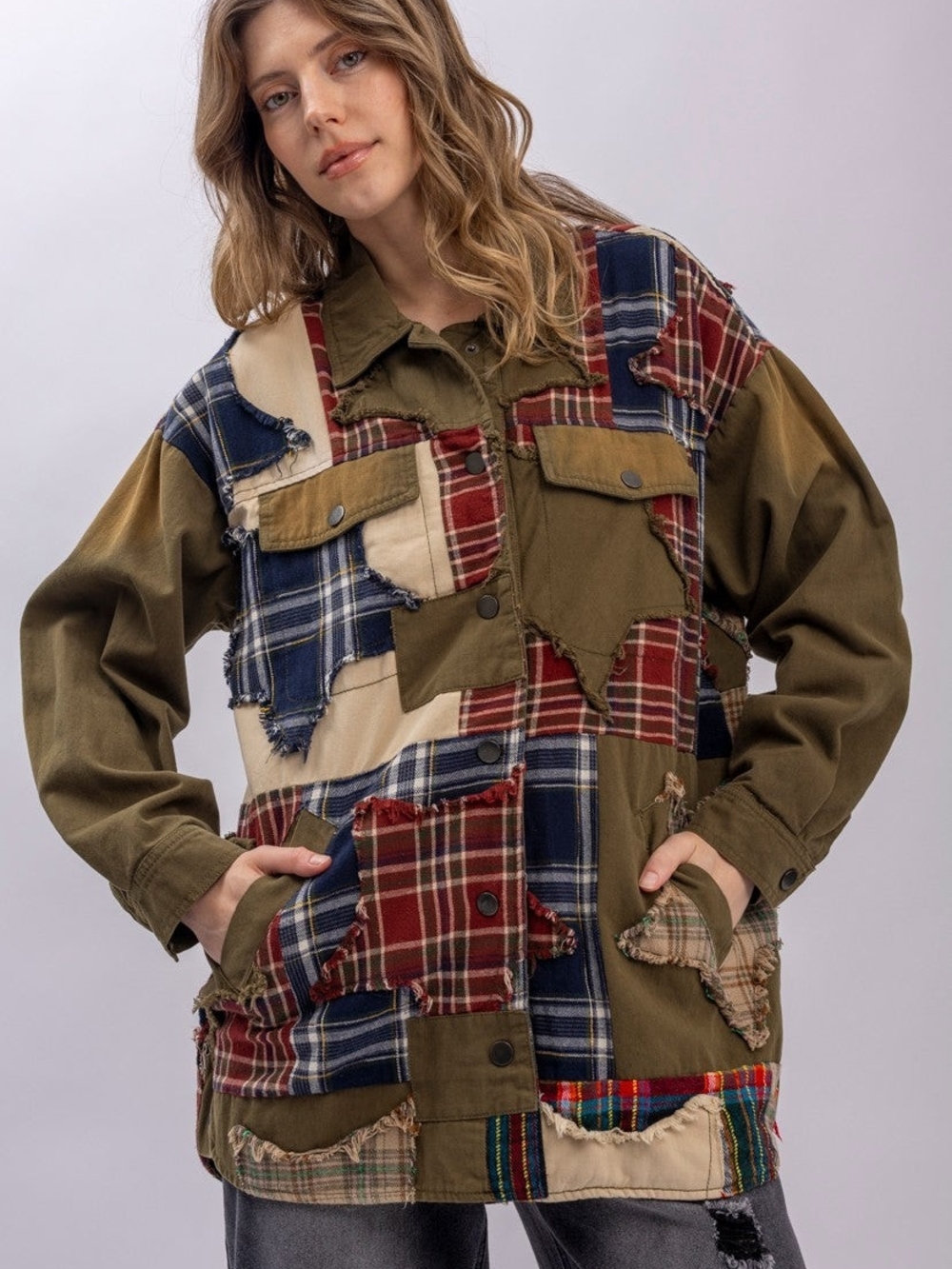 Bluevelvet Plaid Patched Button Down Jacket